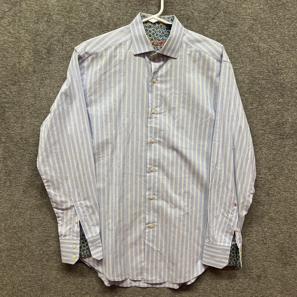 Robert Graham Mens Dress Shirt Medium Blue‎ Stripe Music Note Long Sleeve